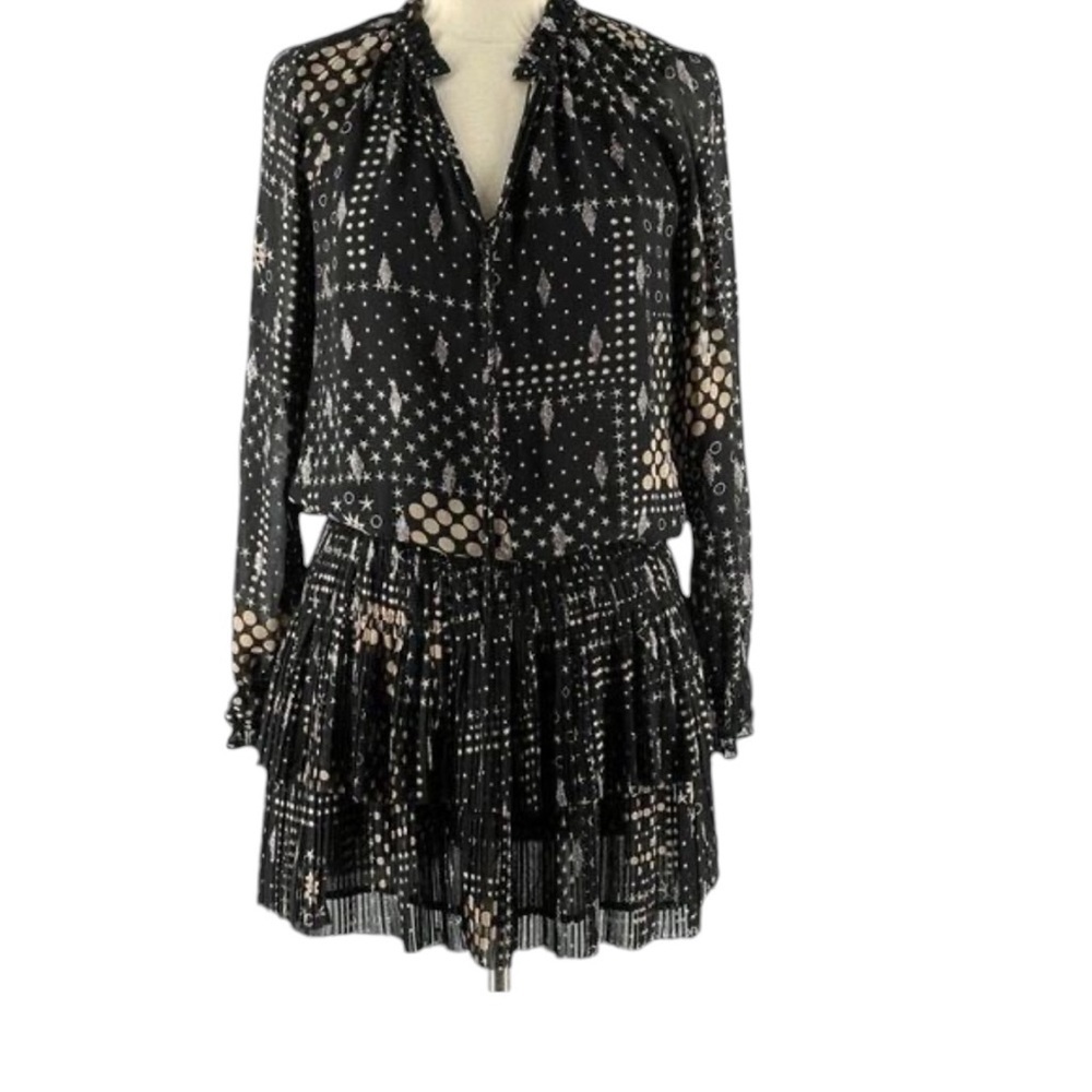 Current Air Pleated Black Metallic Printed Mini Dress Size Large